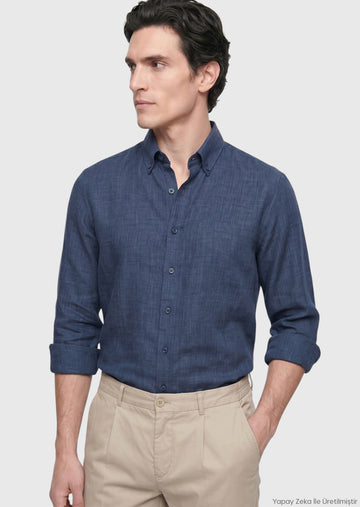 Lacivert Regular Fit Uzun Dokuma Casual %100 Keten Gömlek