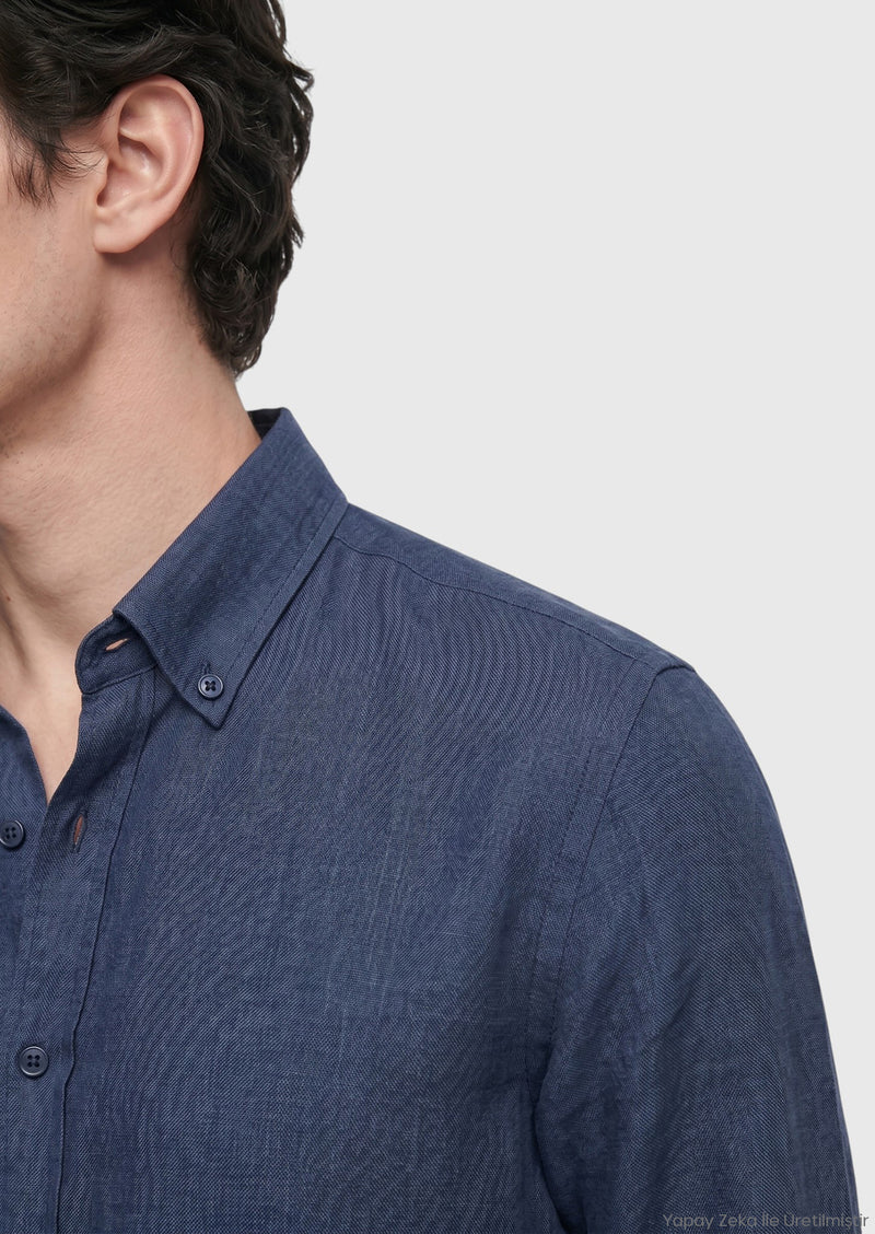 Lacivert Düz Regular Fit Uzun Dokuma Casual %100 Keten Gömlek