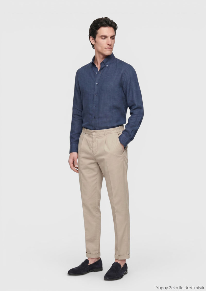 Lacivert Düz Regular Fit Uzun Dokuma Casual %100 Keten Gömlek