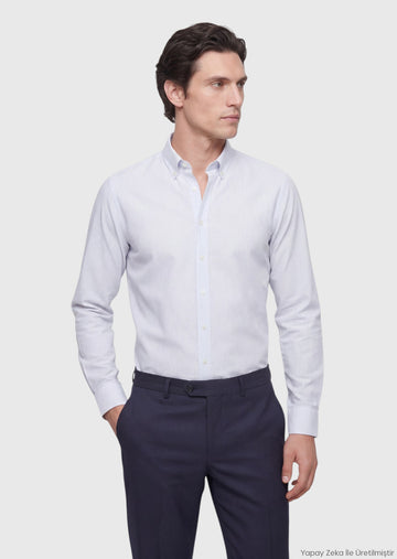 Gri Çizgili Regular Fit Uzun Dokuma Klasik İpek Karışımlı Gömlek