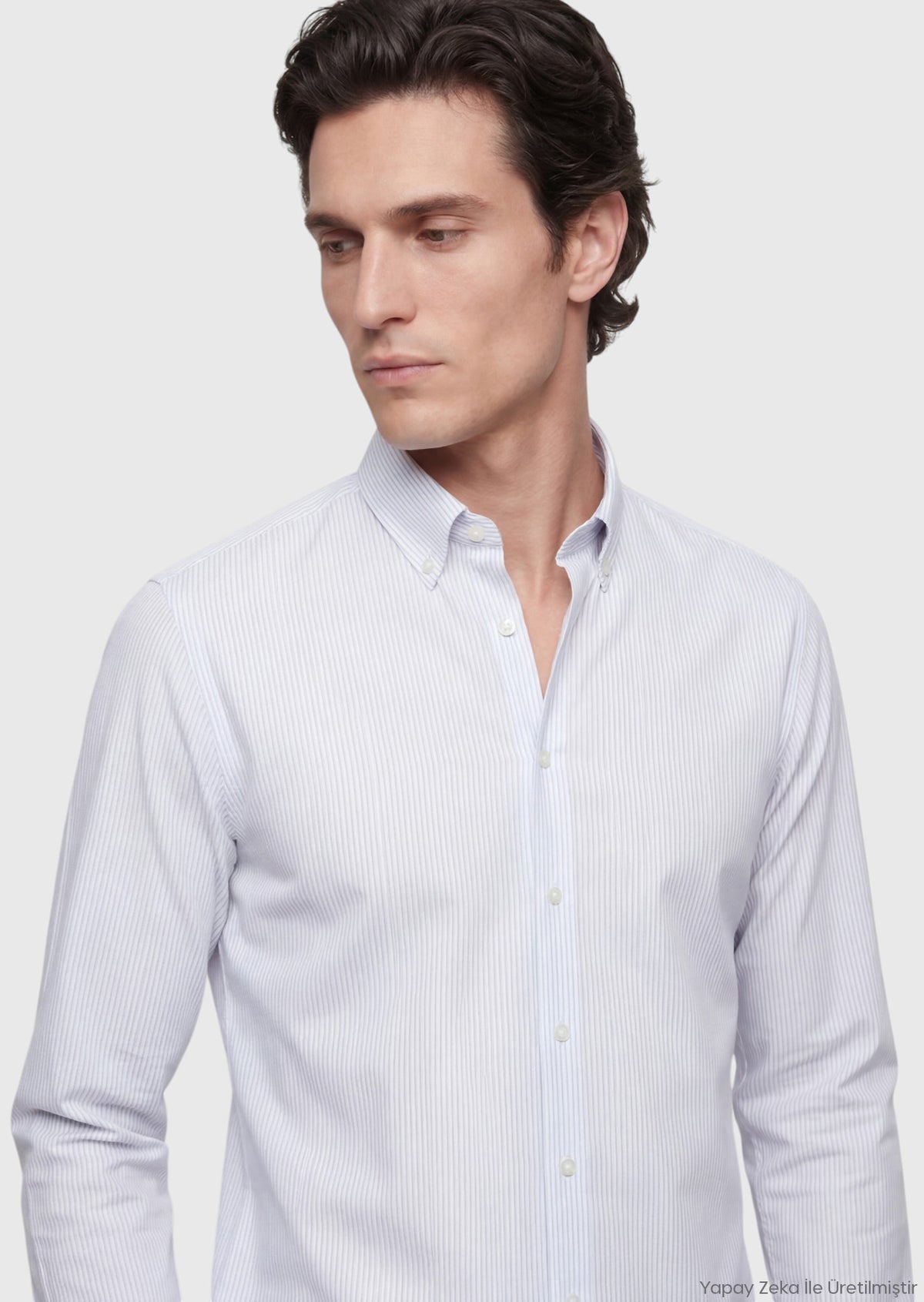 Gri Çizgili Regular Fit Uzun Dokuma Klasik İpek Karışımlı Gömlek