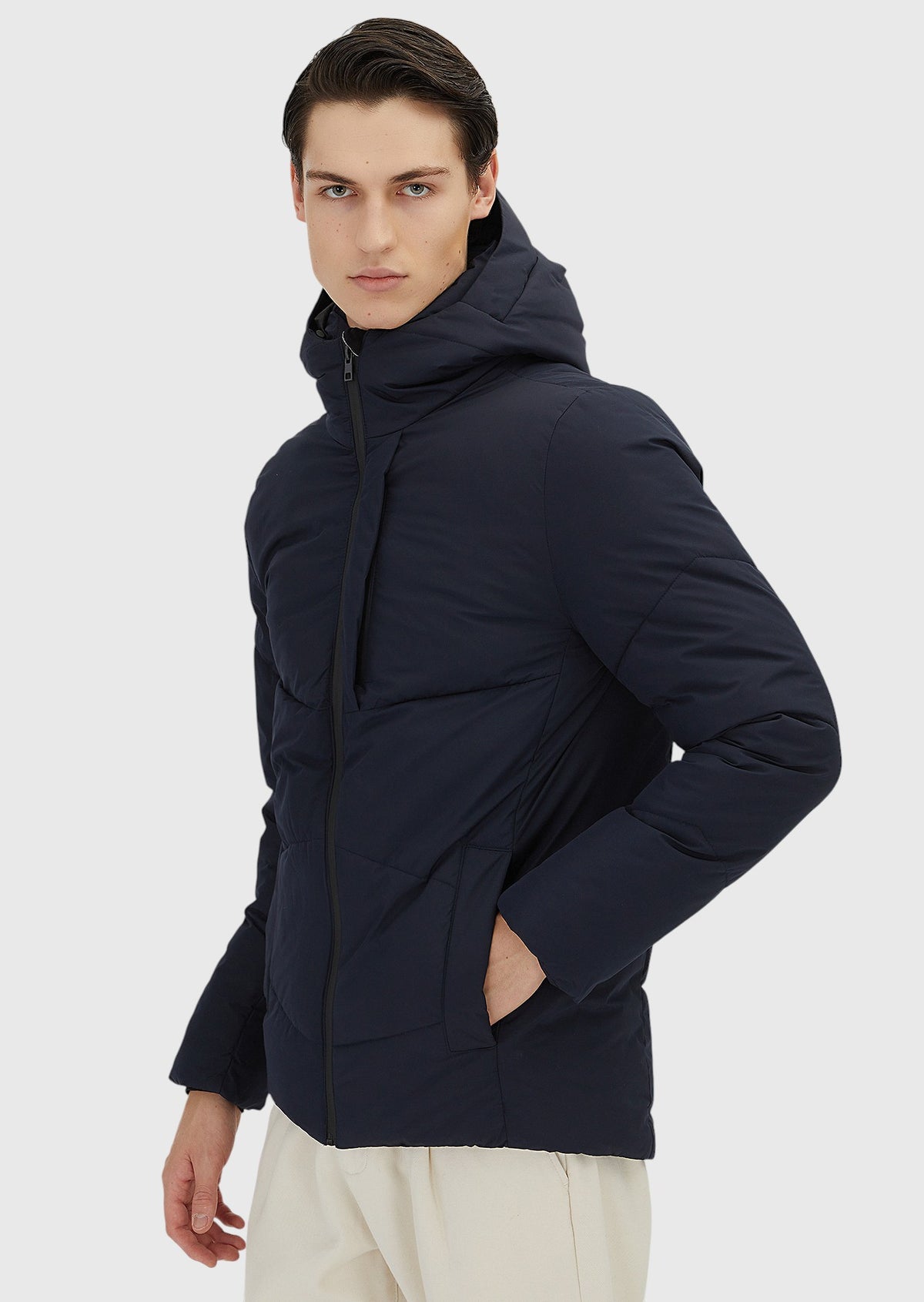 Lacivert Regular Fit Kapüşonlu Dokuma Mont