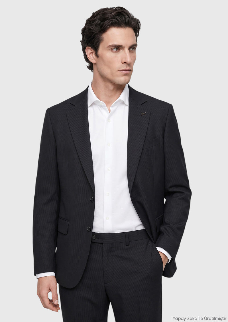 Siyah Mikro Modern Fit Yün Karışımlı Takım Elbise