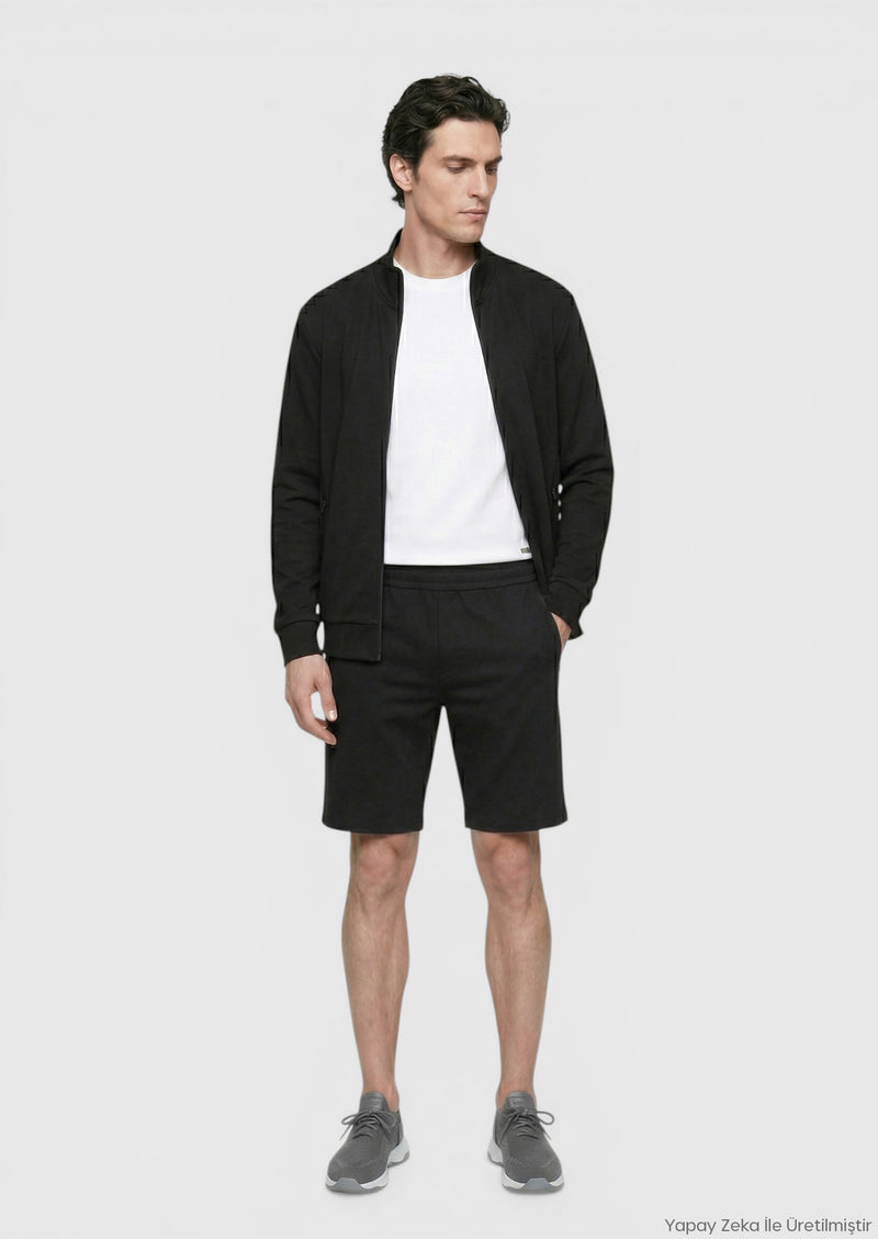 Siyah Düz Örme Regular Fit Casual Bermuda