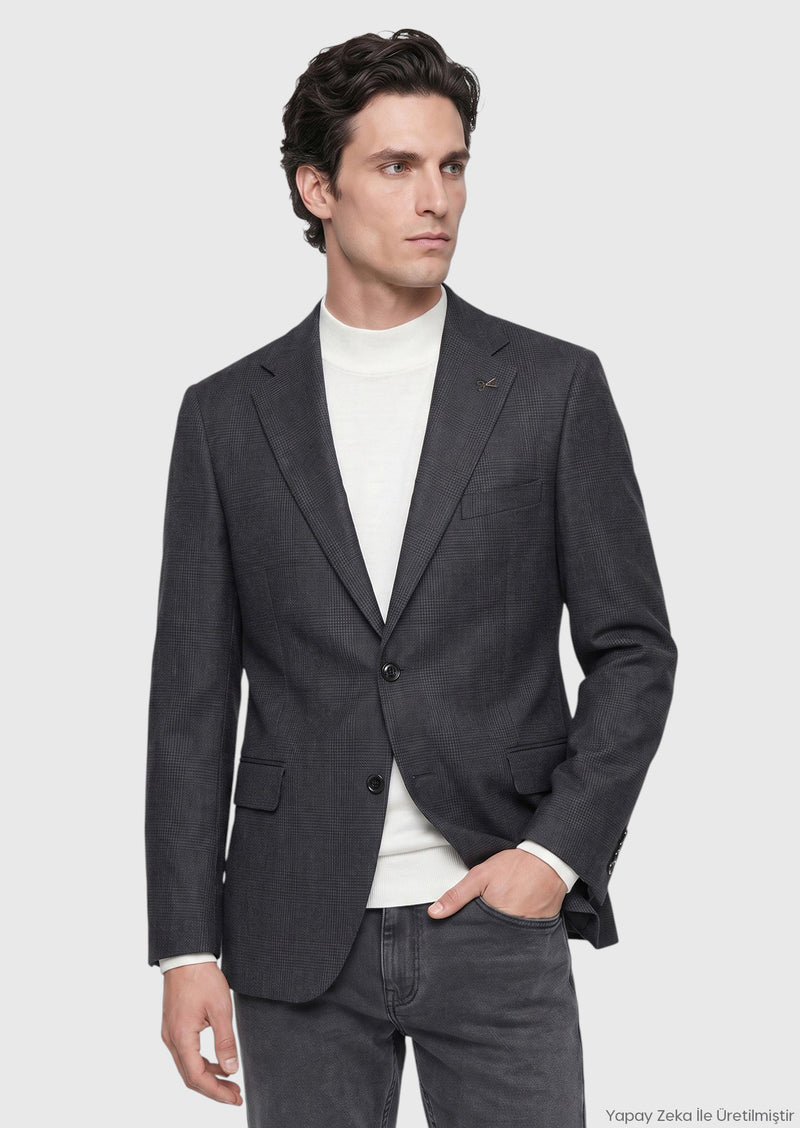Siyah Desenli Regular Fit %100 Yün Ceket