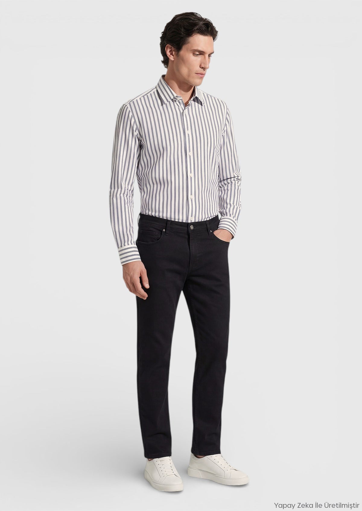 Siyah Düz Slim Fit Denim Pamuk Karışımlı Pantolon