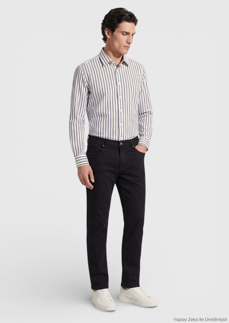 Siyah Düz Slim Fit Denim Pamuk Karışımlı Pantolon