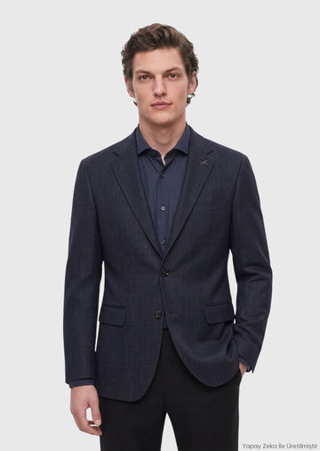 Navy Blue Micro Regular Fit Wool Blended Jacket