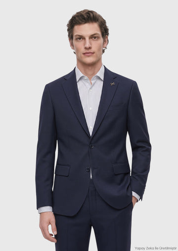 Lacivert Desenli Modern Fit Yün Karışımlı Takım Elbise