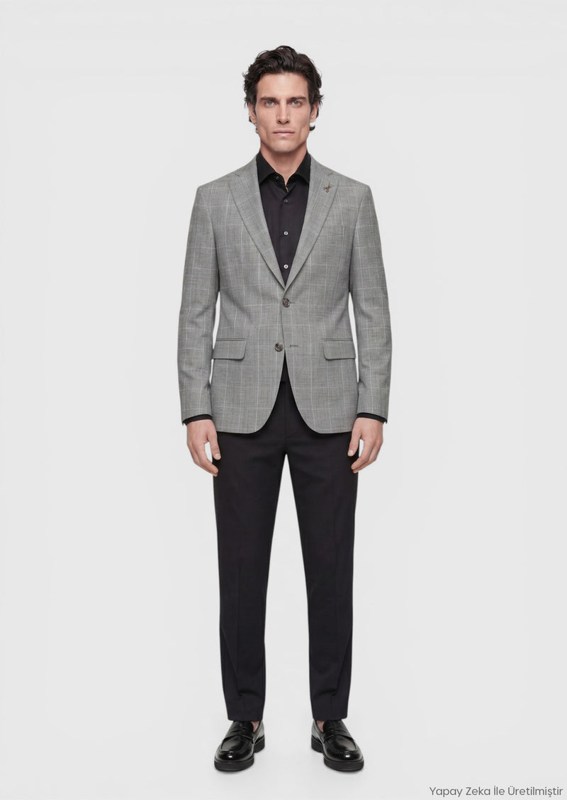 Gri Modern Fit İpek Karışımlı Ceket