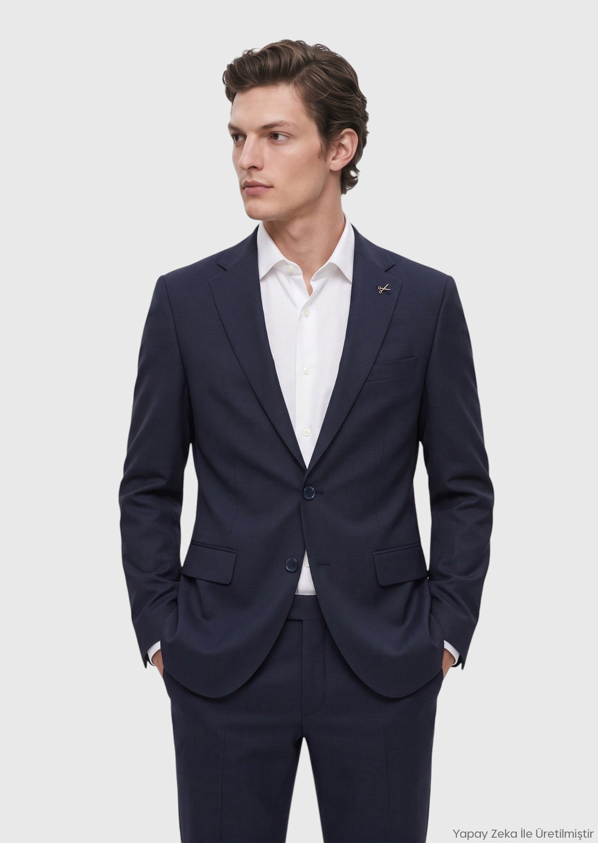 Lacivert Kareli Modern Fit Yün Karışımlı Takım Elbise