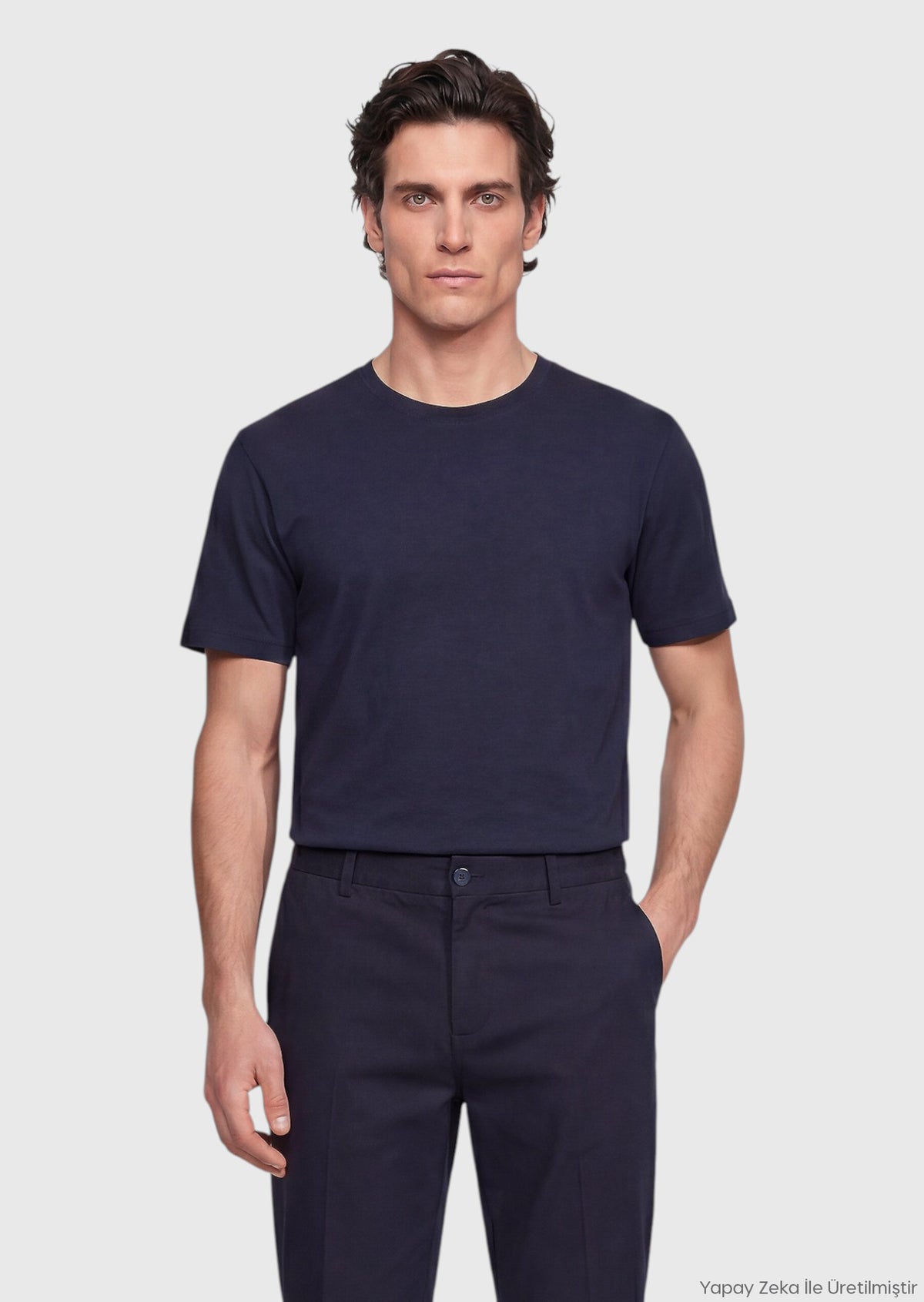 Lacivert Düz İpek Karışımlı T-Shirt