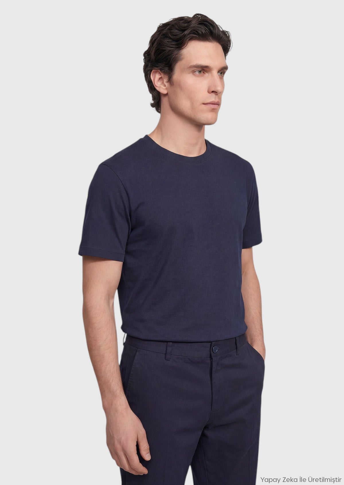 Lacivert Düz İpek Karışımlı T-Shirt
