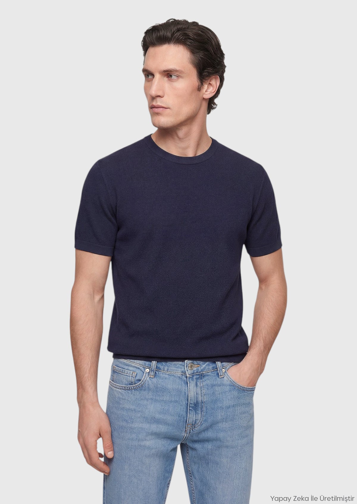 Lacivert Jakarlı %100 Pamuk T-Shirt