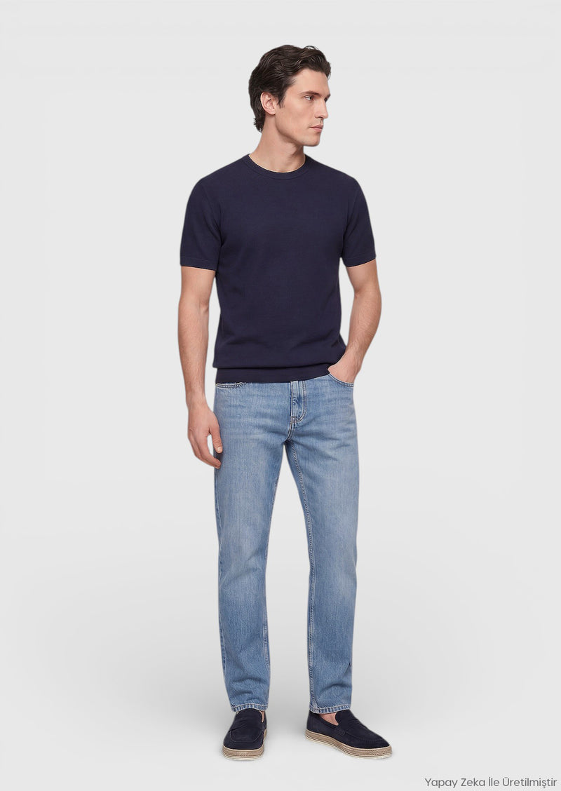 Lacivert Jakarlı %100 Pamuk T-Shirt