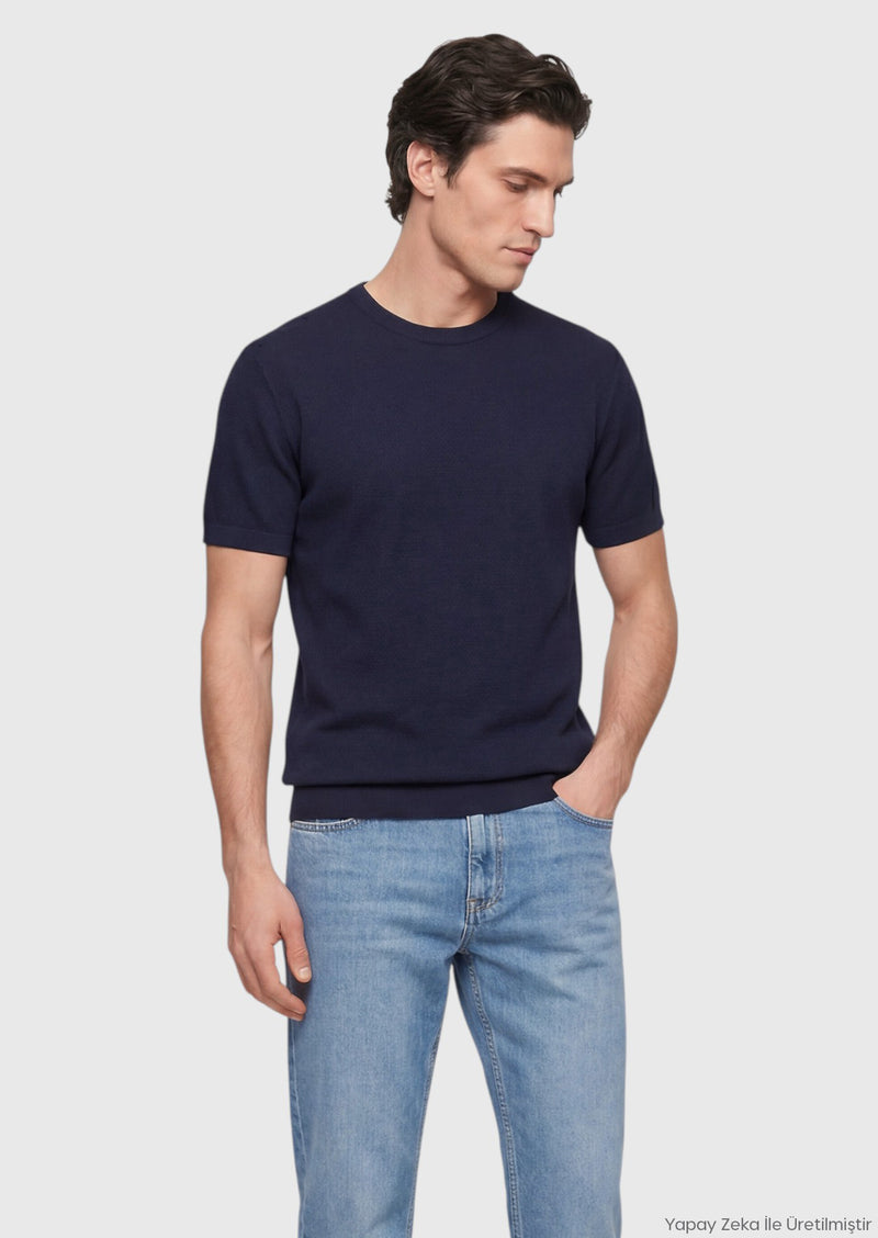 Lacivert Jakarlı %100 Pamuk T-Shirt