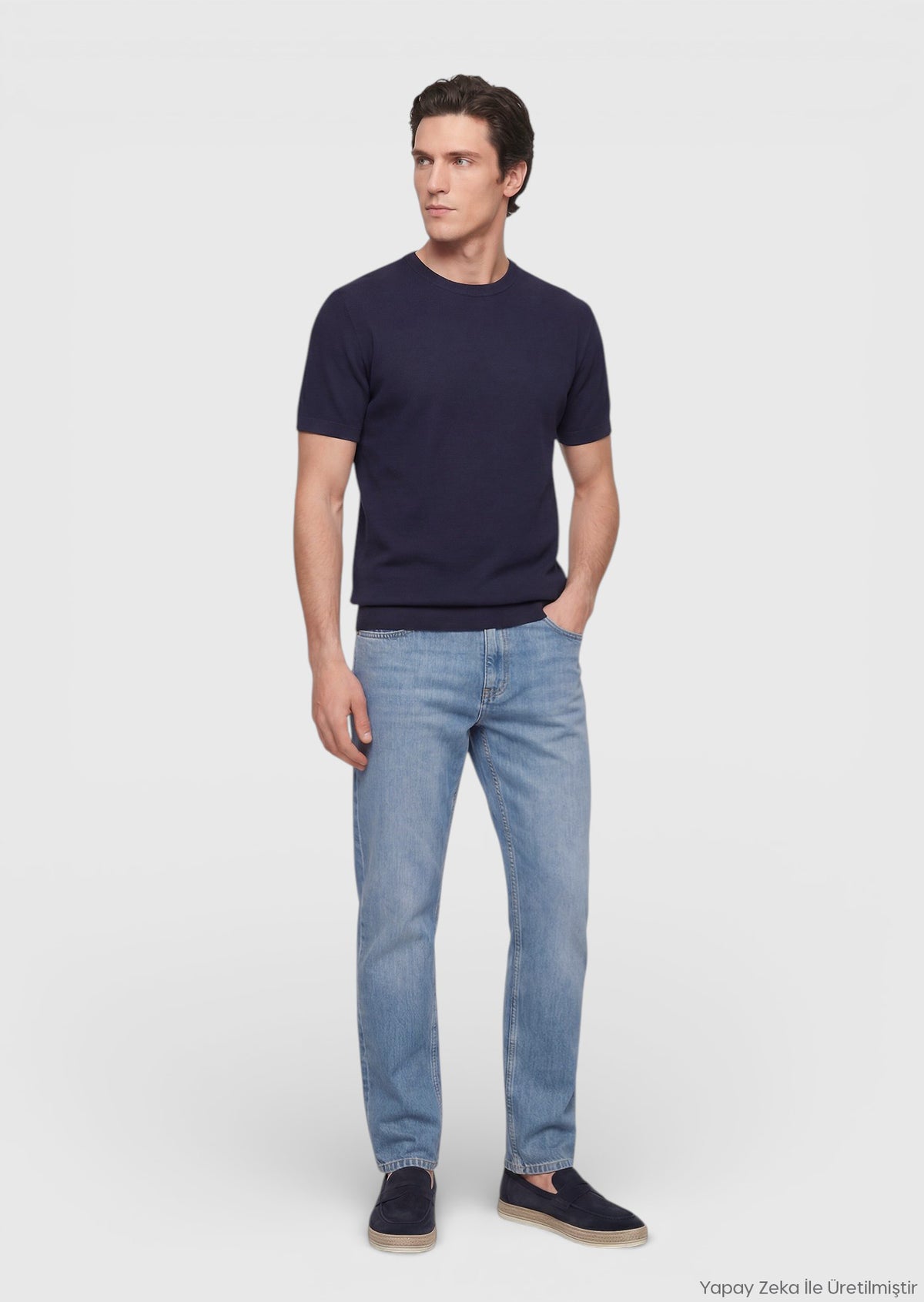 Lacivert Jakarlı %100 Pamuk T-Shirt