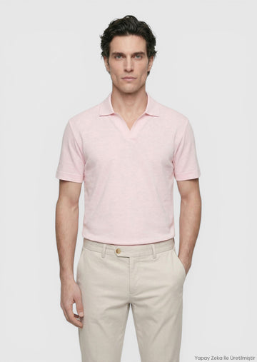 Pembe Düz %100 Keten T-Shirt