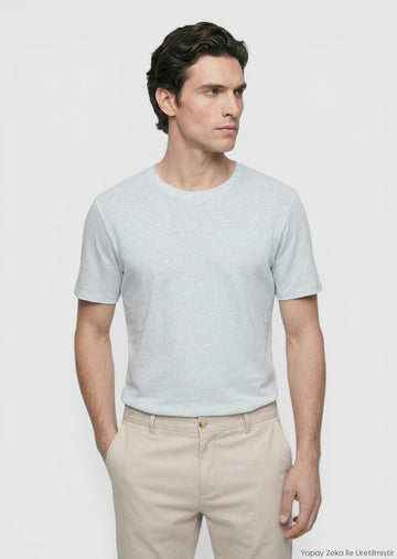 Gri Düz %100 Keten T-Shirt