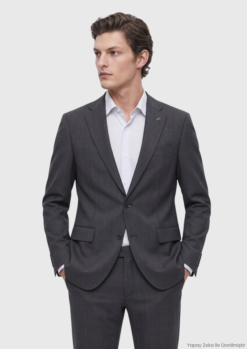 Antrasit Çizgili Modern Fit Yün Karışımlı Takım Elbise