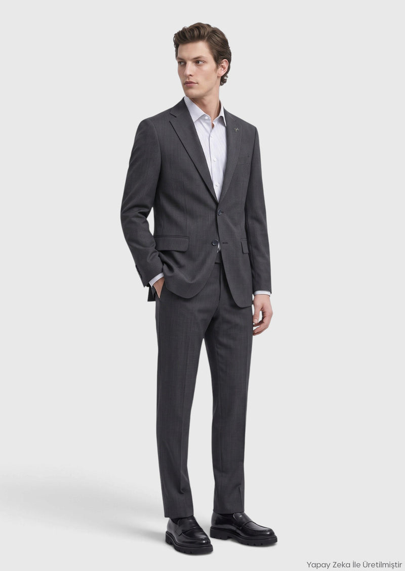 Antrasit Çizgili Modern Fit Yün Karışımlı Takım Elbise