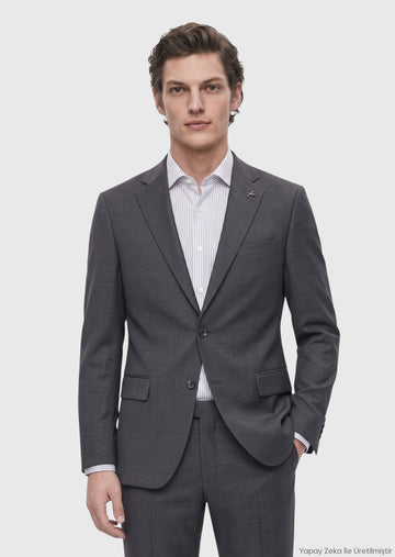 Koyu Gri Mikro Modern Fit Yün Karışımlı Takım Elbise