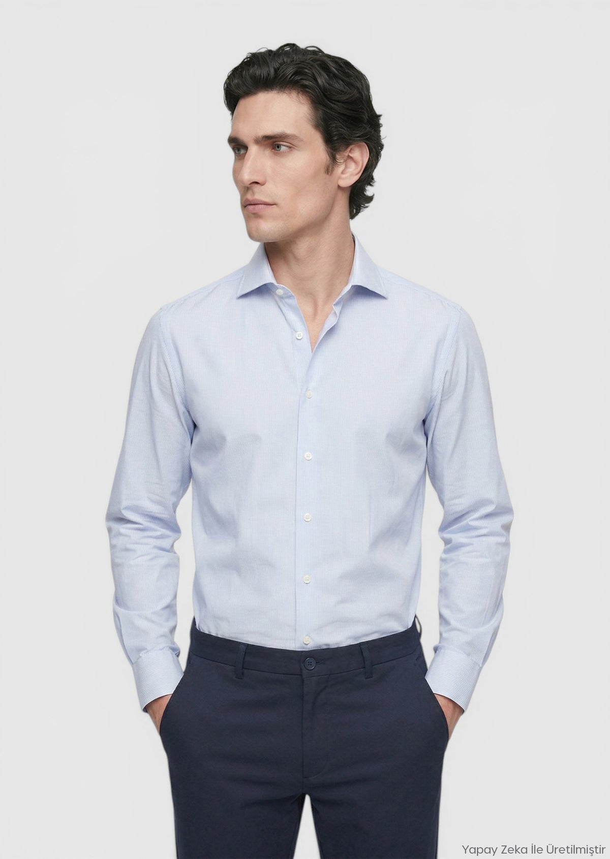 Mavi Çizgili Regular Fit Uzun Dokuma Klasik Pamuk Karışımlı Gömlek