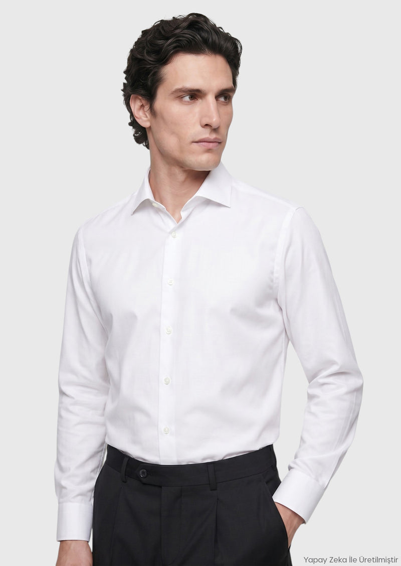 Beyaz Regular Fit Uzun Dokuma Klasik %100 Pamuk Gömlek