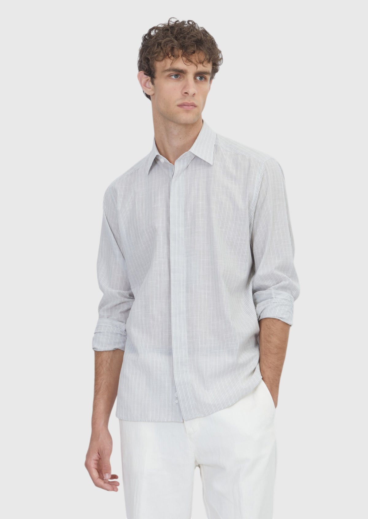 Grey Striped Regular Fit Long Weaving Casual 100% Cotton Shirt