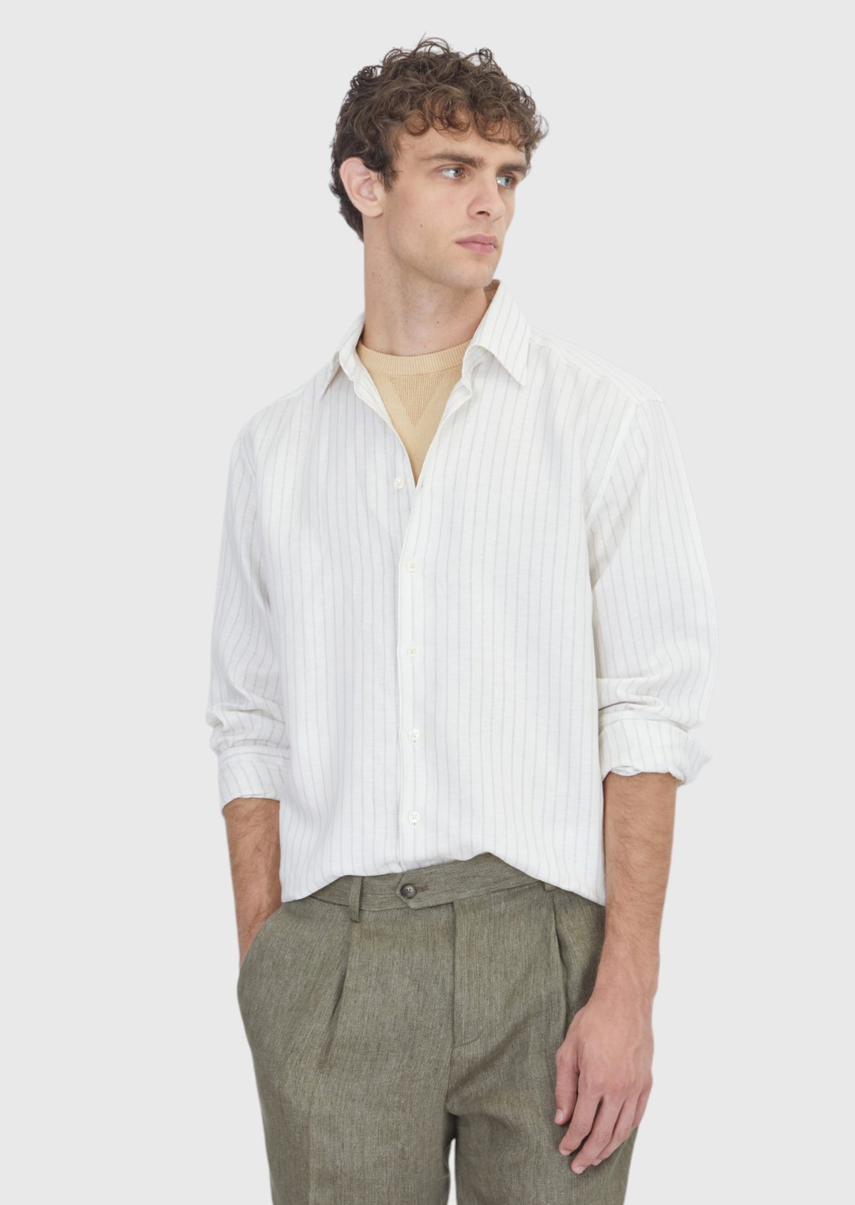 Açık Bej Çizgili Casual Fit Uzun Dokuma Casual Keten Karışımlı Gömlek