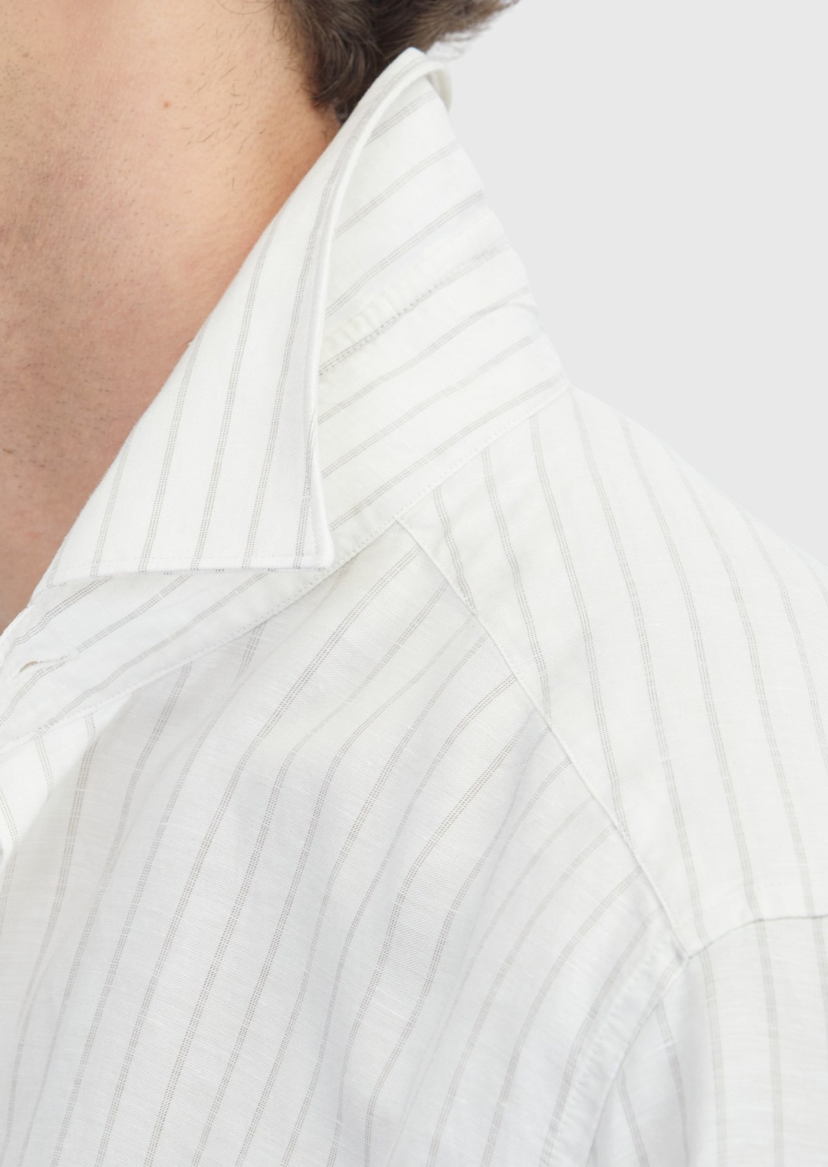Açık Bej Çizgili Casual Fit Uzun Dokuma Casual Keten Karışımlı Gömlek