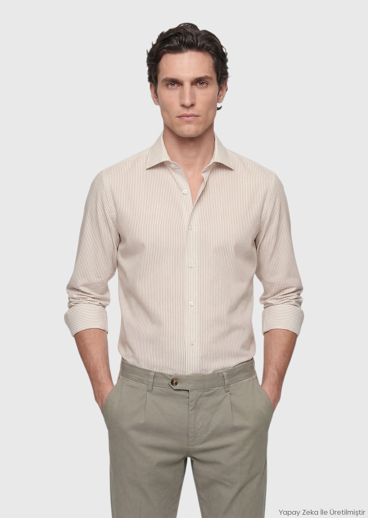 Bej Casual Fit Uzun Dokuma Casual Pamuk Karışımlı Gömlek