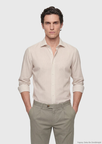 Bej Casual Fit Uzun Dokuma Casual Pamuk Karışımlı Gömlek