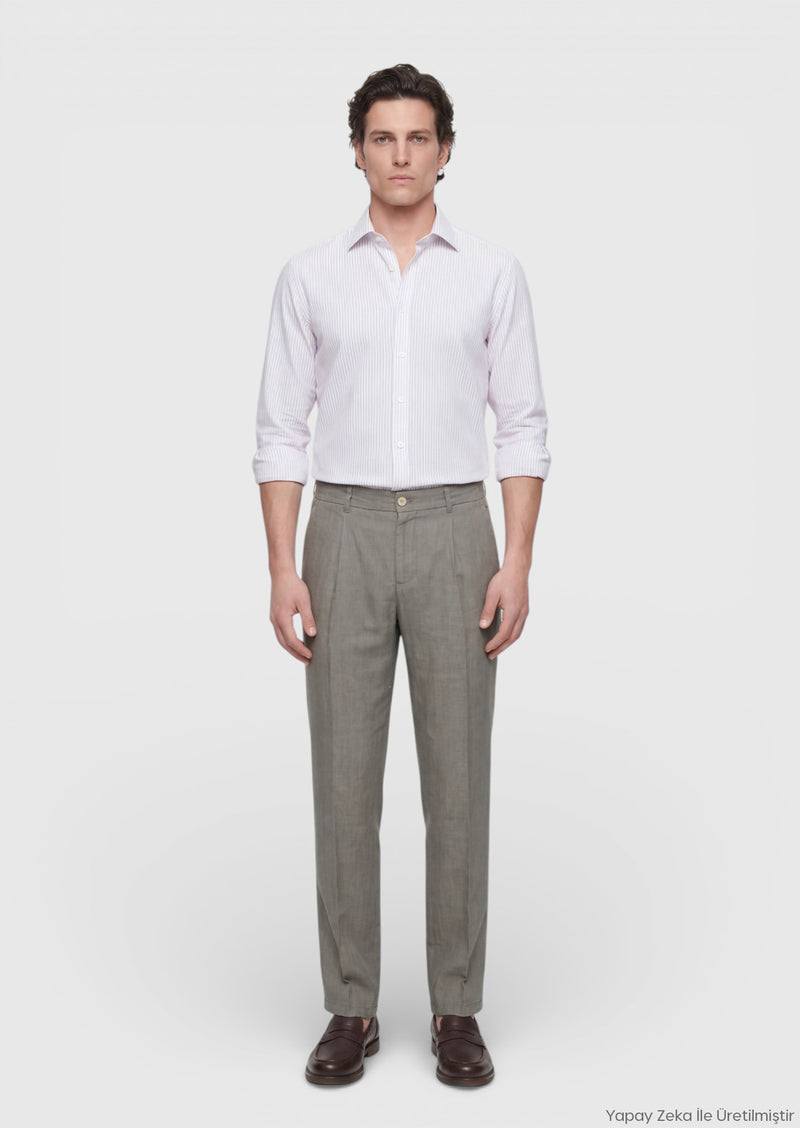Ekru Çizgili Casual Fit Uzun Dokuma Casual Pamuk Karışımlı Gömlek