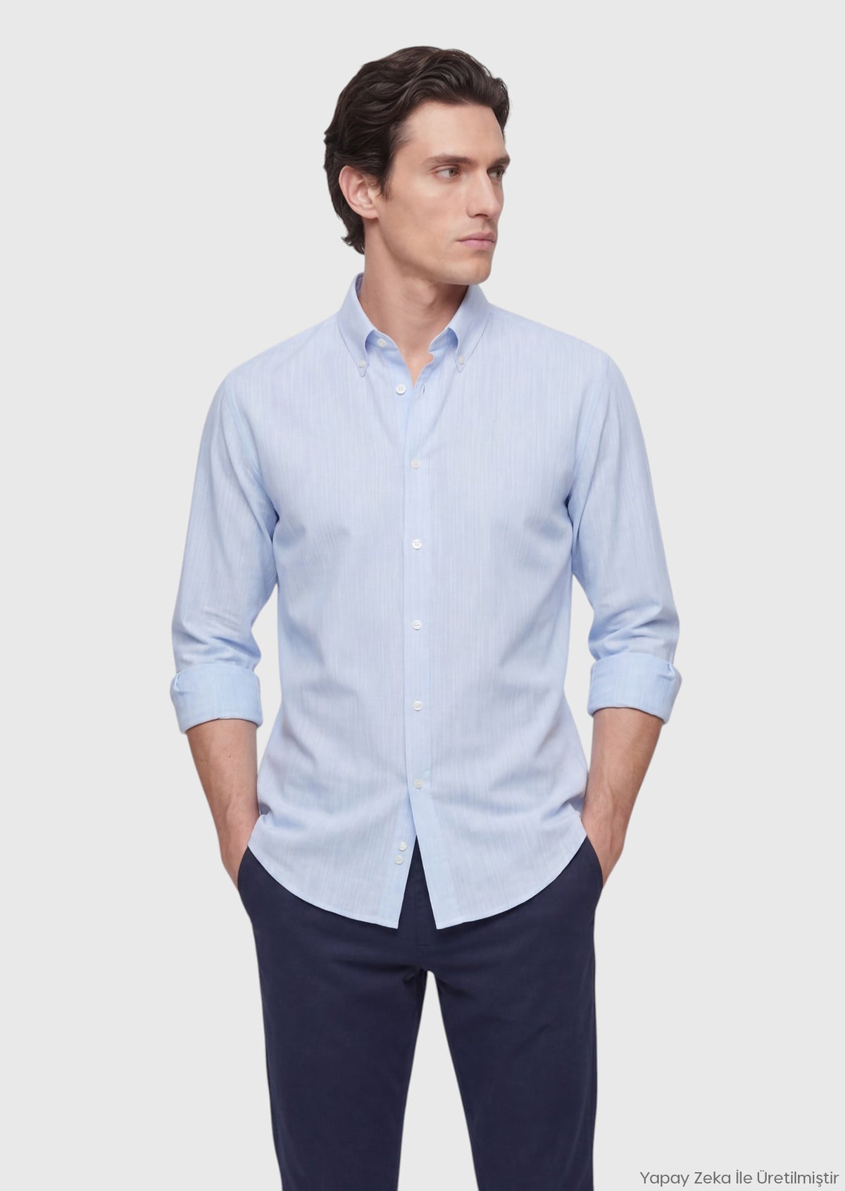 Mavi Çizgili Regular Fit Uzun Dokuma Casual İpek Karışımlı Gömlek