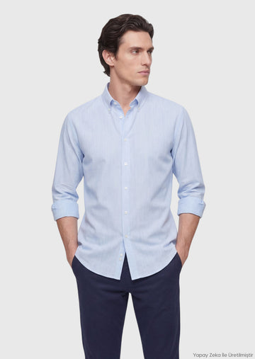 Mavi Çizgili Regular Fit Uzun Dokuma Casual İpek Karışımlı Gömlek