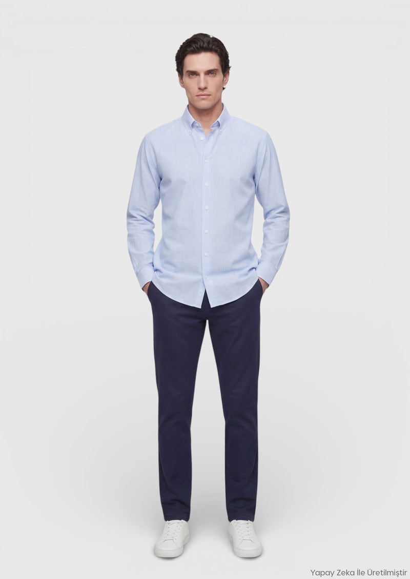 Mavi Düz Regular Fit Uzun Dokuma Casual İpek Karışımlı Gömlek