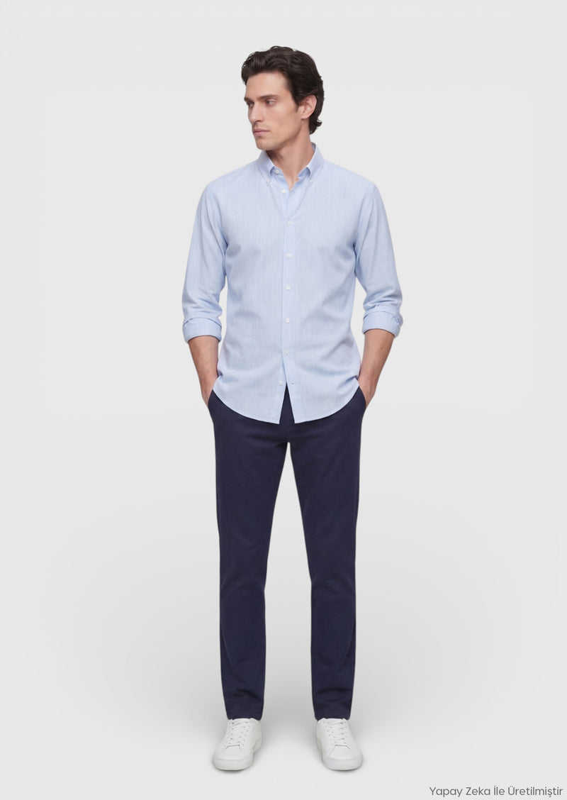 Mavi Düz Regular Fit Uzun Dokuma Casual İpek Karışımlı Gömlek