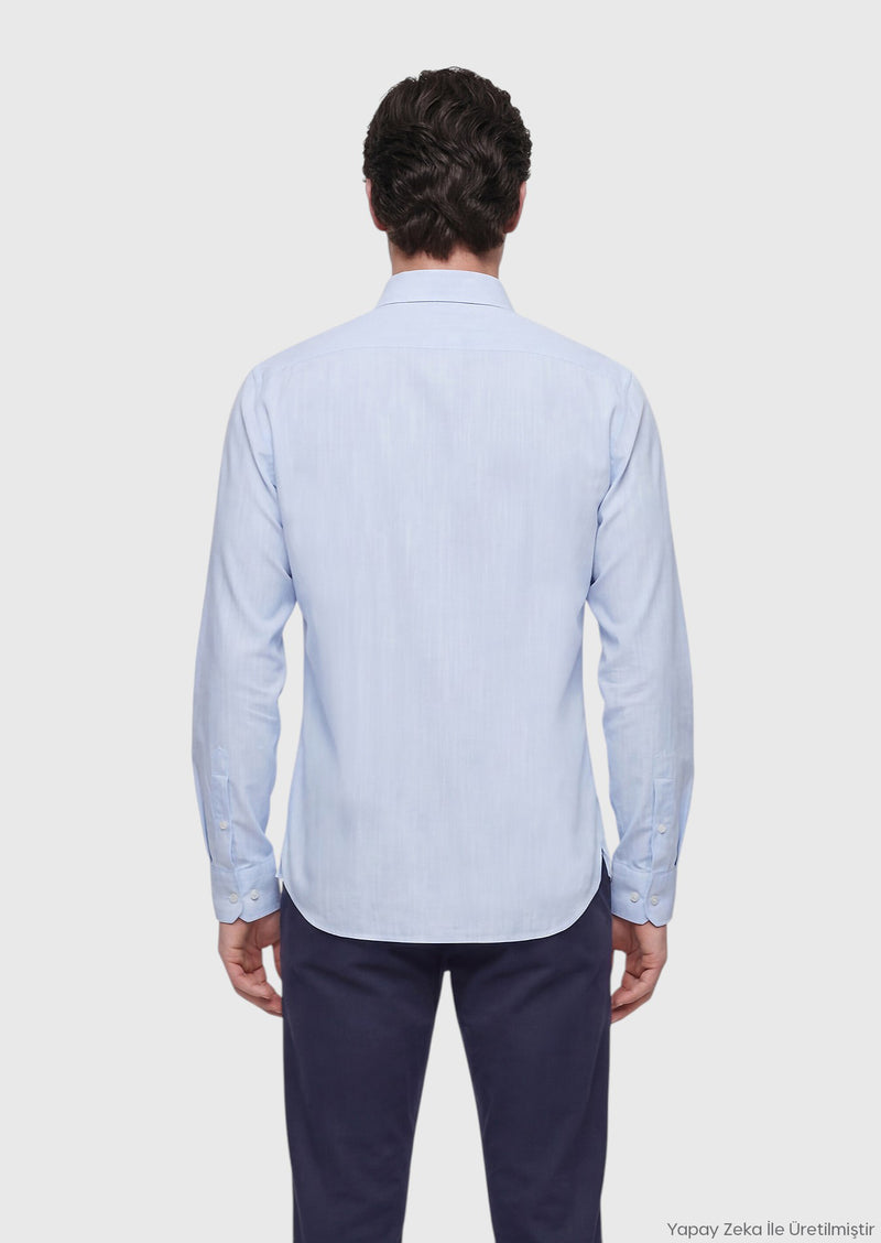 Mavi Düz Regular Fit Uzun Dokuma Casual İpek Karışımlı Gömlek
