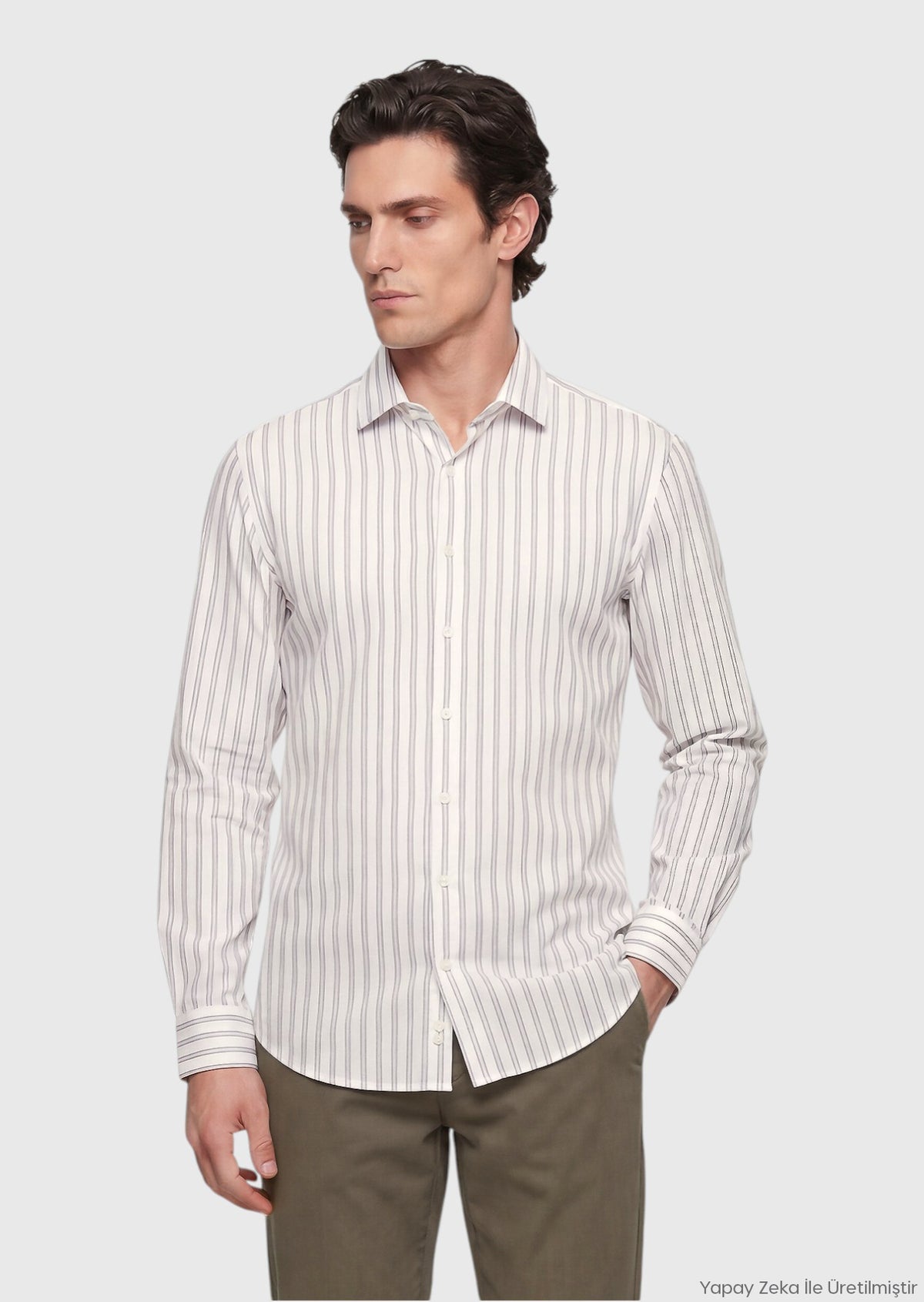 Gri Çizgili Regular Fit Uzun Dokuma Casual İpek Karışımlı Gömlek