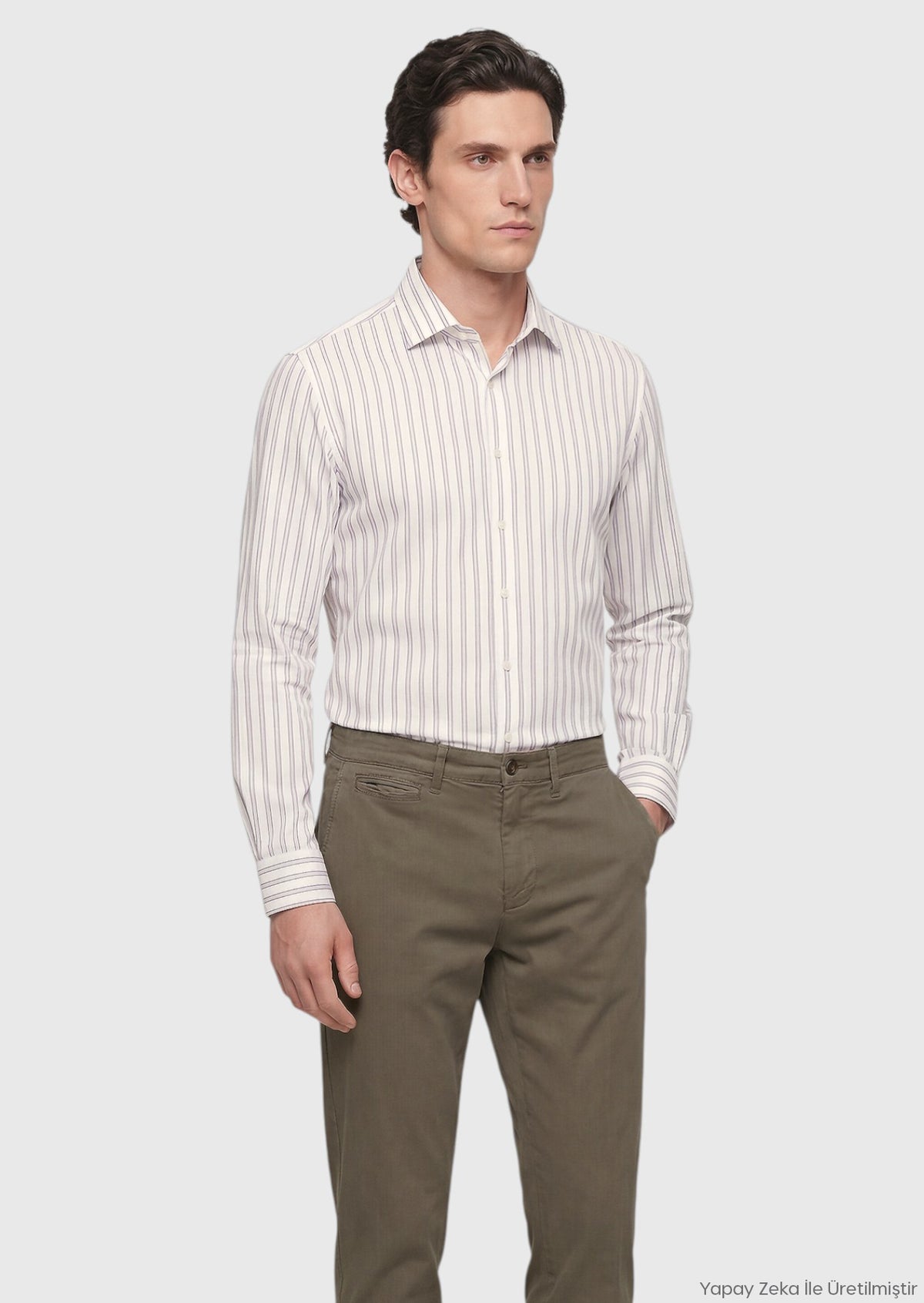 Gri Çizgili Regular Fit Uzun Dokuma Casual İpek Karışımlı Gömlek