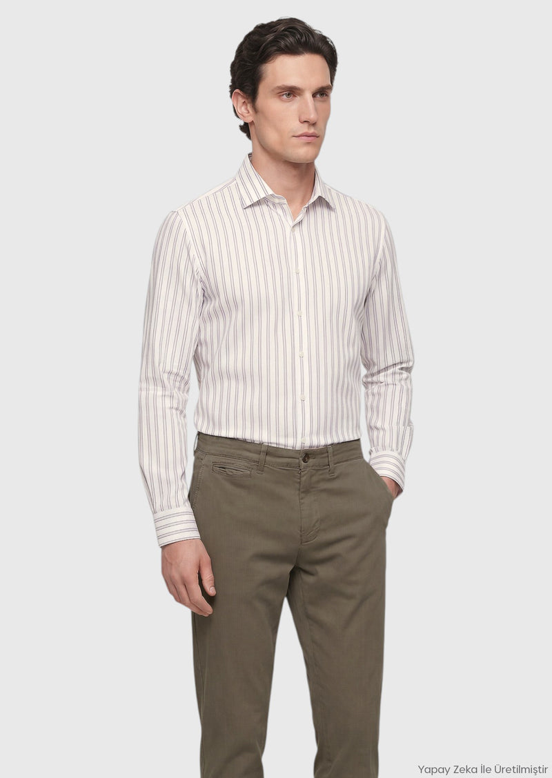 Gri Çizgili Regular Fit Uzun Dokuma Casual İpek Karışımlı Gömlek