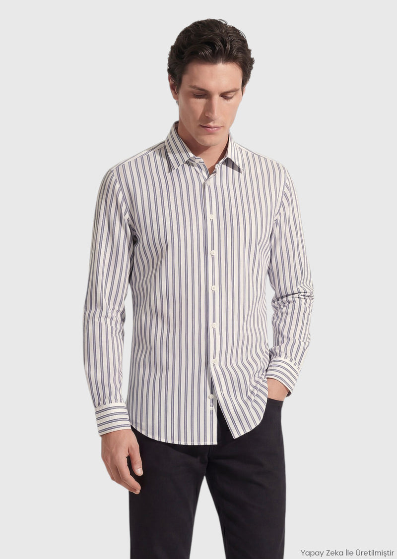 Siyah Çizgili Regular Fit Uzun Dokuma Casual İpek Karışımlı Gömlek