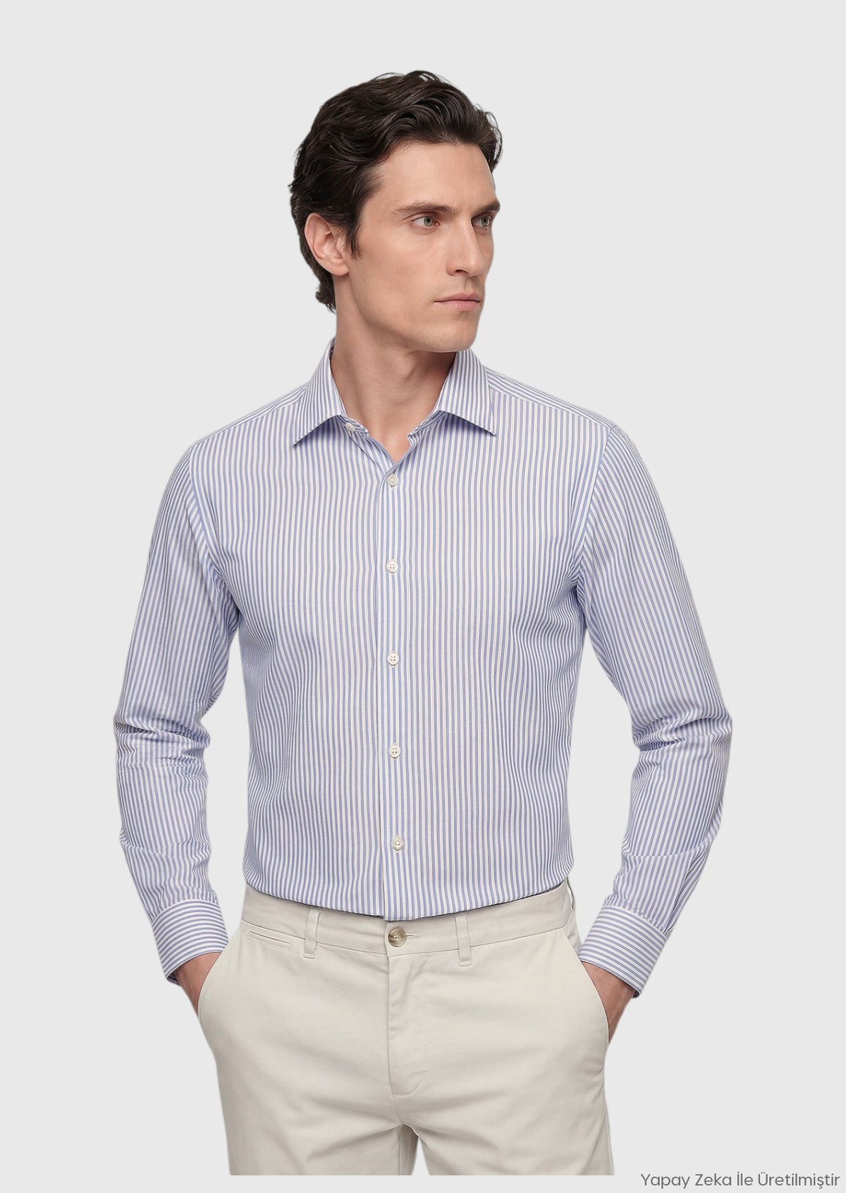 Light Blue Striped Regular Fit Long Weaving Classical Cotton Blended Shirt