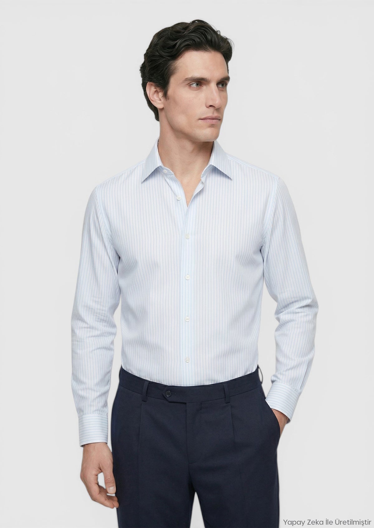 Light Blue Striped Long Weaving Classical 100% Cotton Shirt