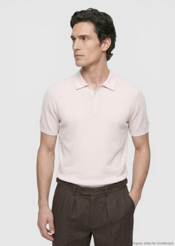 Pembe Polo Yaka Düz Örgü Triko