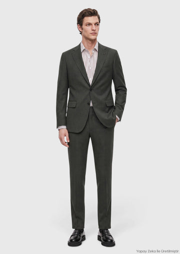 Yeşil Düz Zeroweight Slim Fit %100 Yün Takım Elbise