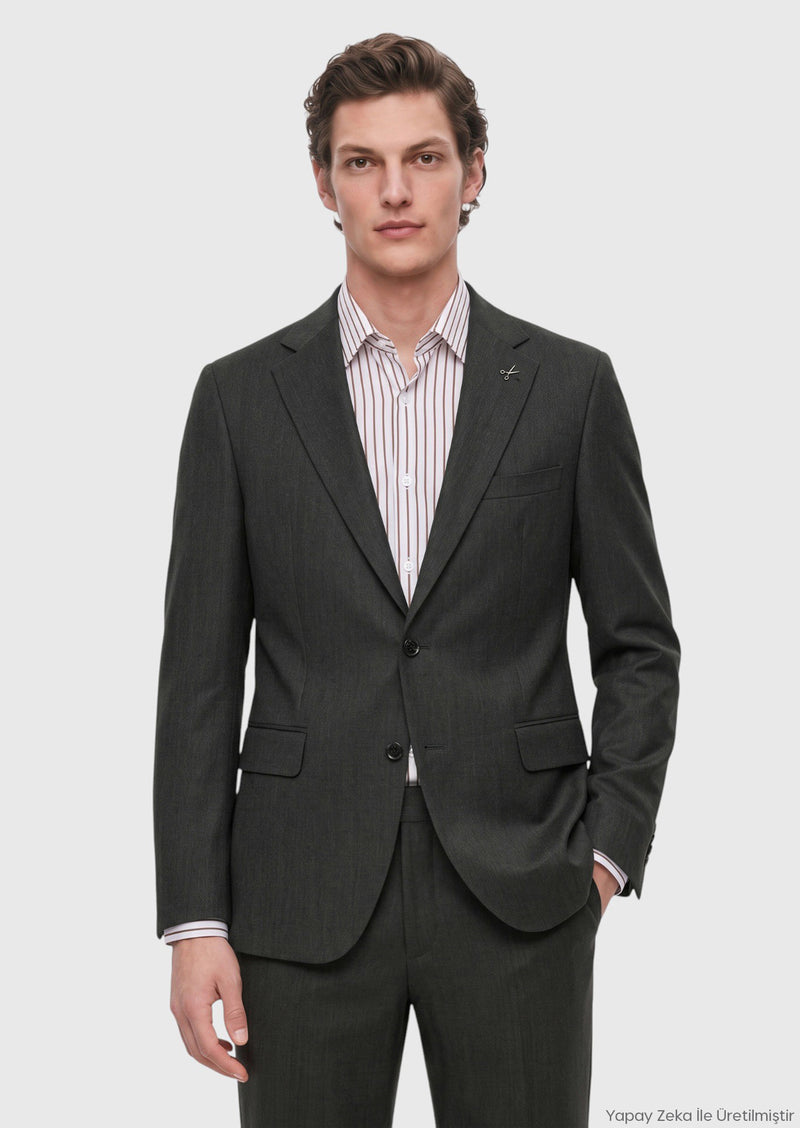 Yeşil Düz Zeroweight Slim Fit %100 Yün Takım Elbise