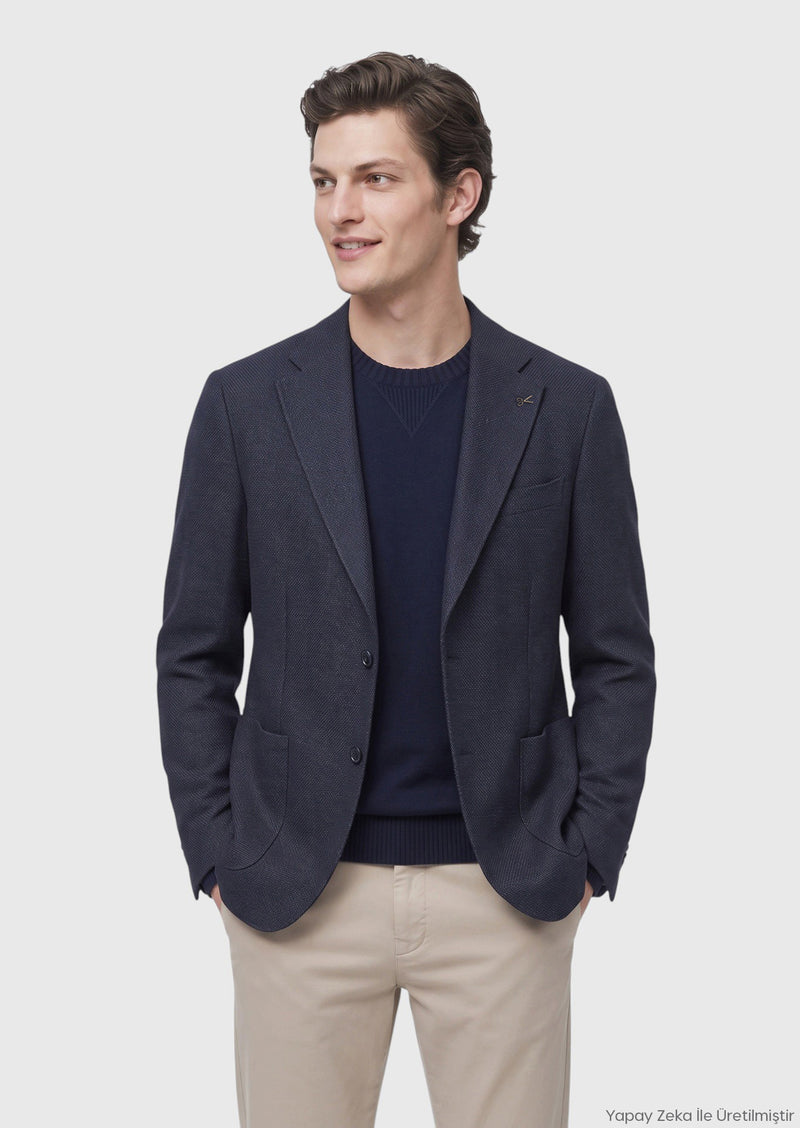Lacivert Mikro Zeroweight Slim Fit İpek Karışımlı Ceket