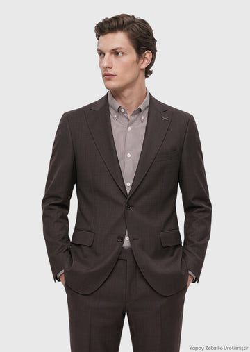 Kahverengi Desenli Zeroweight Slim Fit %100 Yün Takım Elbise